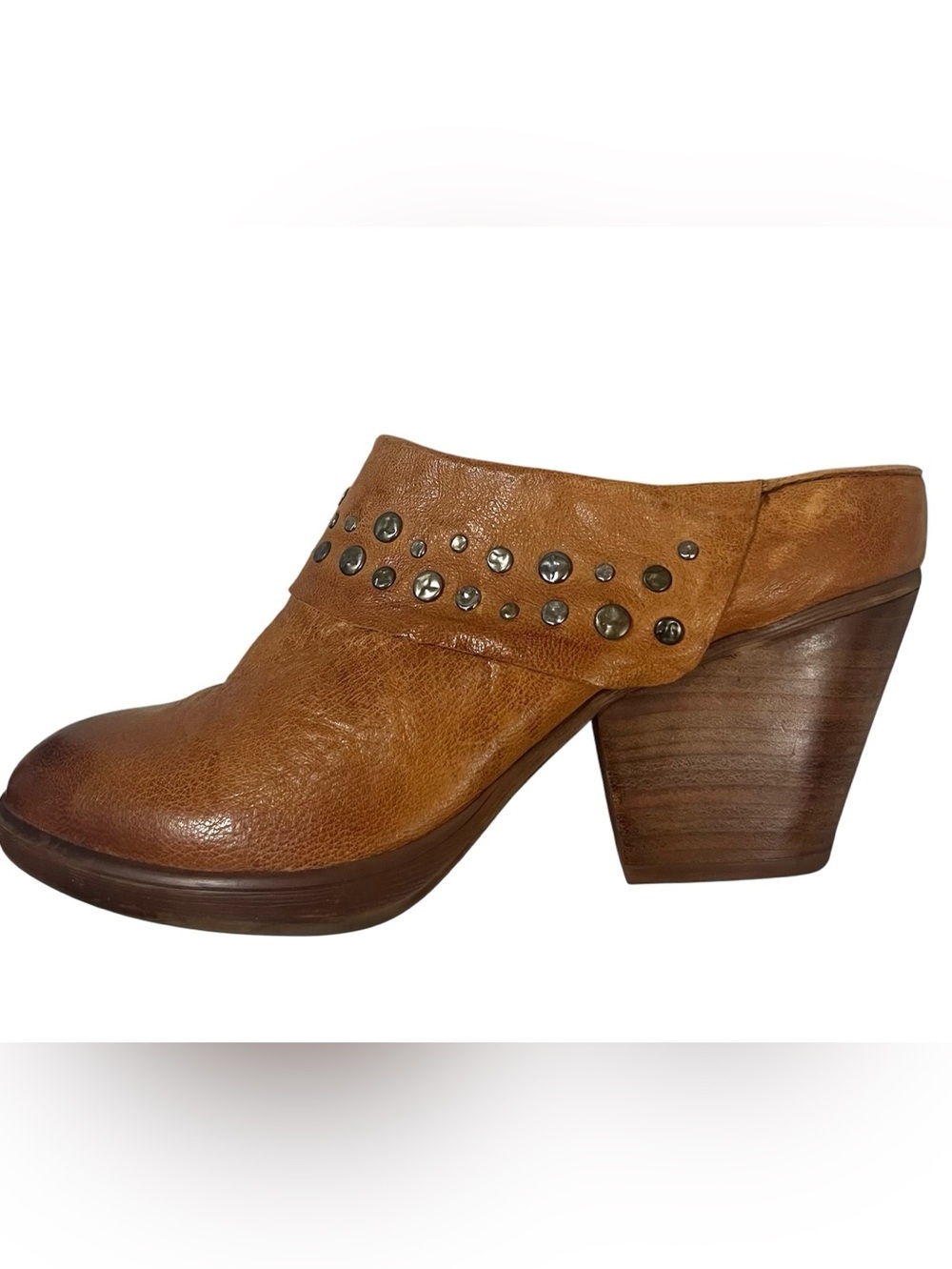 Sofft Gila Studded Stack Heel Distressed Leather Mules Warm Chestnut Brown Sz 10 - Picture 2 of 9